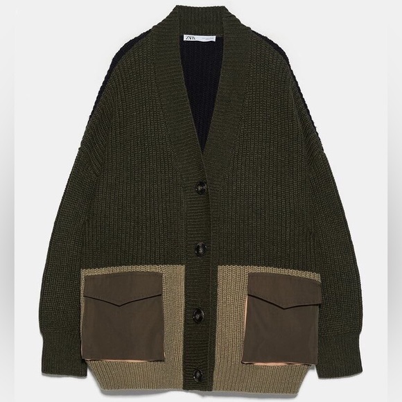 Zara Oversized Contrast Pocket Cardigan Sweater Size Medium Olive Green Multi - Picture 3 of 10